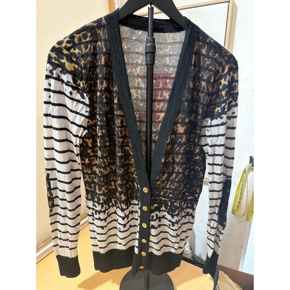 Tory Burch Mixed Print Leopard Stripe Cardigan Gold Logo Buttons Black White